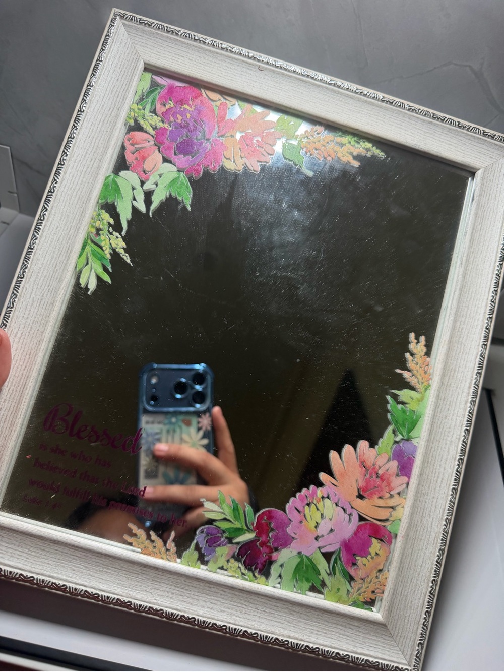 Floral mirror frame stand luke 1:45 verse cute home decor table decor